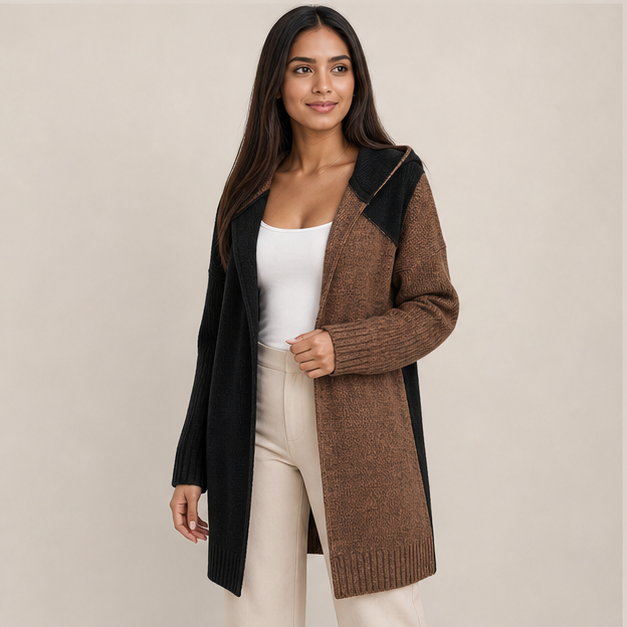 Women's Fall Outfits Open Front Long Sleeve Hooded Knit Cardigan Sweaters Color Block Outwear Coats - image 3