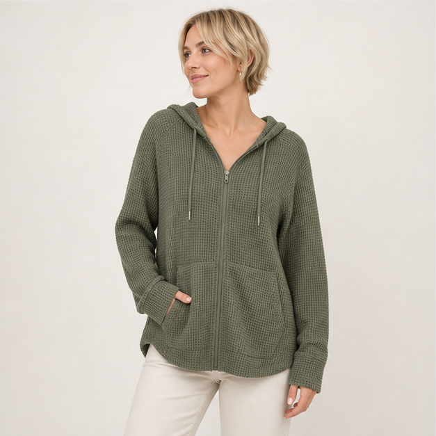 Women's Full Zip Up Hoodies Waffle Knit Long Sleeve Drawstring Casual Sweatshirt Hooded Tops - image 3