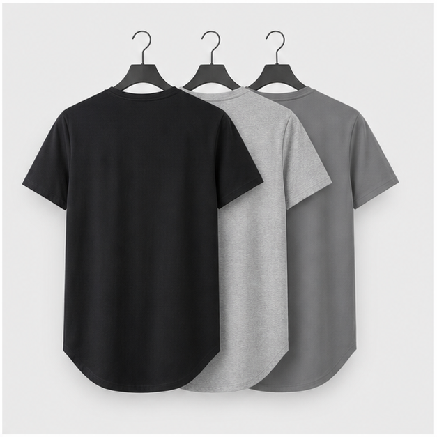 Men Mens 3 Pack Crewneck T-Shirts Multipack Short Sleeve Hipster Hip Hop Longline Classic Tee Tops - back view